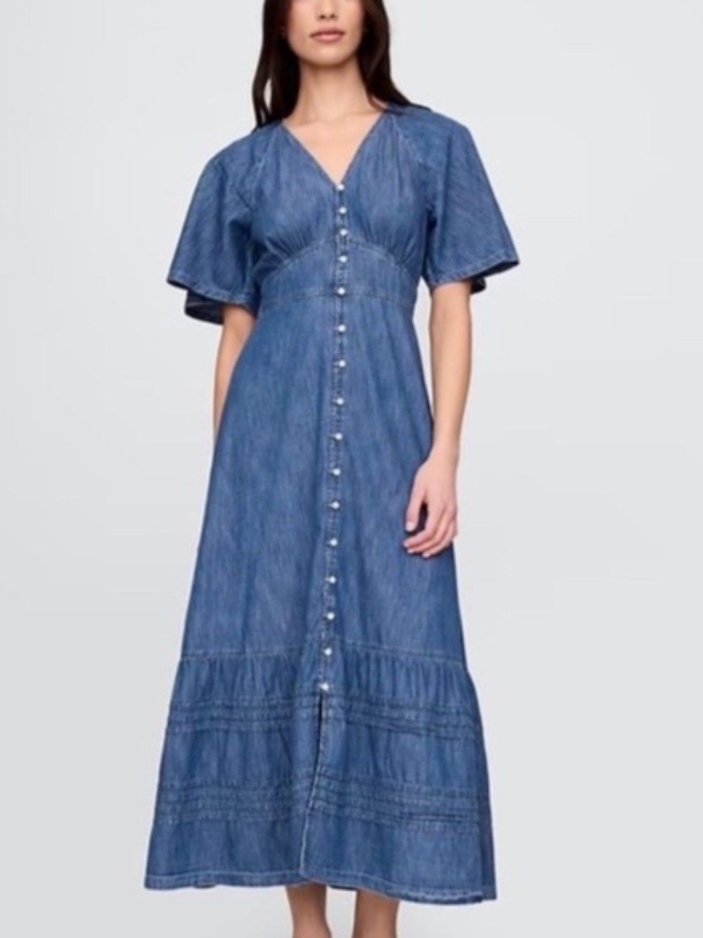 Gap Flutter Sleeve Alyssa Denim Dress, Large, Chambray Maxi, Summery Cottage